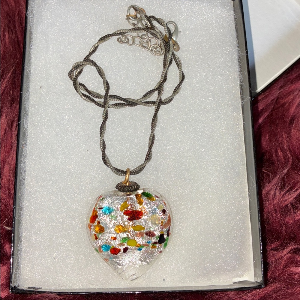 New Multicolor Glass Heart Pendant Necklace with Double Chain Jewelry 16-18”